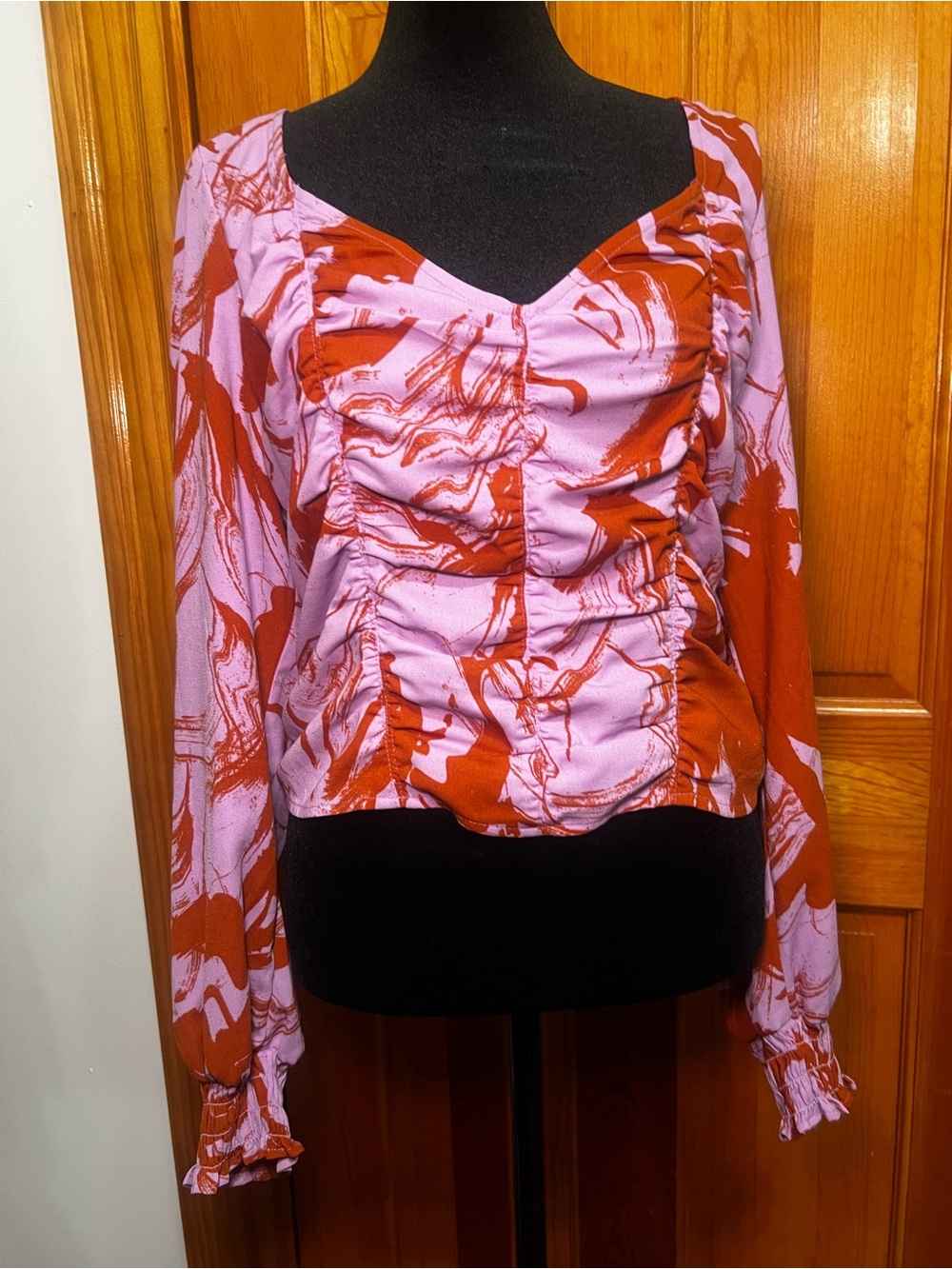 Ruched Pink & Rust Long-Sleeve Blouse